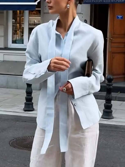 Minimalist Stand-up Collar Ribbon Back Lace-up Shirt and Wide Leg Pants Set-Pants