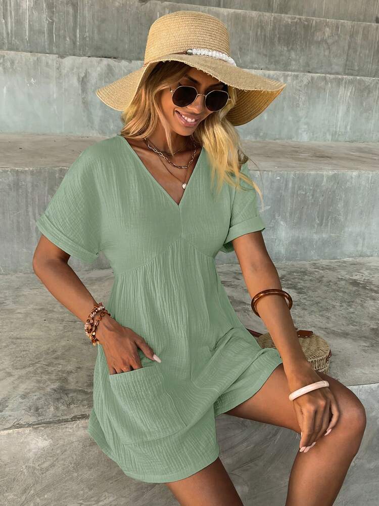 Fashion Solid Color V-neck Loose Bat Sleeve Zipper Short Sleeve Jumpsuit