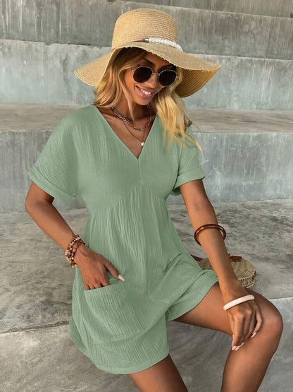 Fashion Solid Color V-neck Loose Bat Sleeve Zipper Short Sleeve Jumpsuit