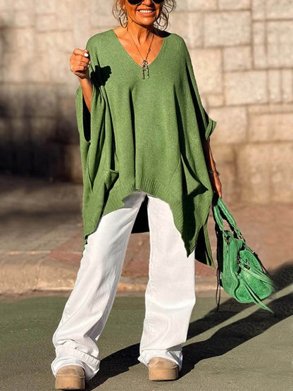 Classic Fashion V-neck Loose Pocket Mid-length Knitted Sweater