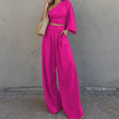 Women's Fashion Unilateral Sleeve Two -piece Suit