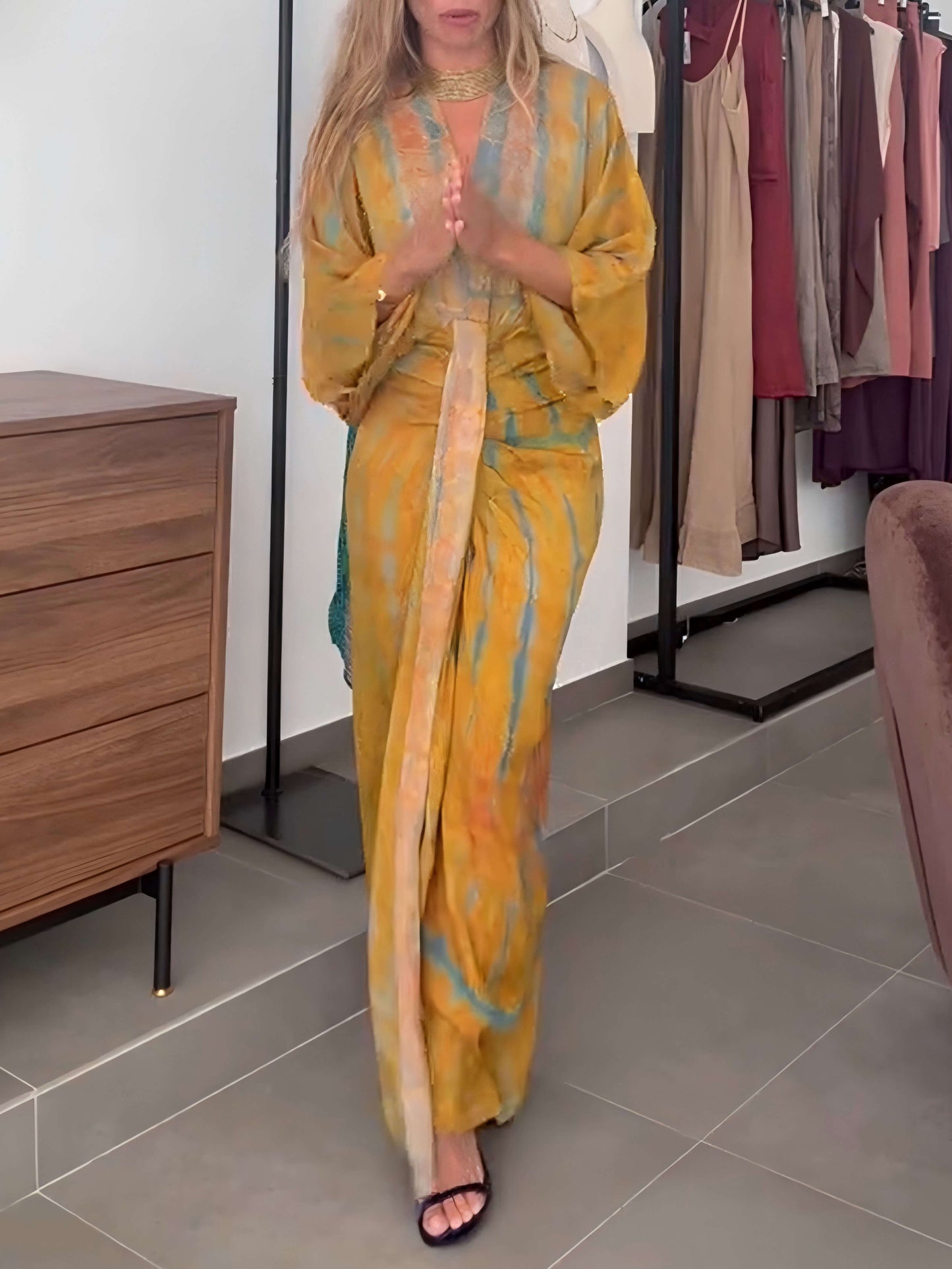 Casual Bohemian Kimono-Inspired Tie-Dye Waisted Maxi Dress