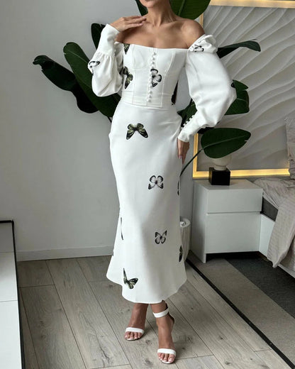 Elegant Square Neck Butterfly Print Fishtail Dress