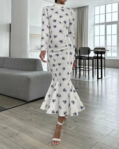 Elegant Half-Collar Floral Print Dress