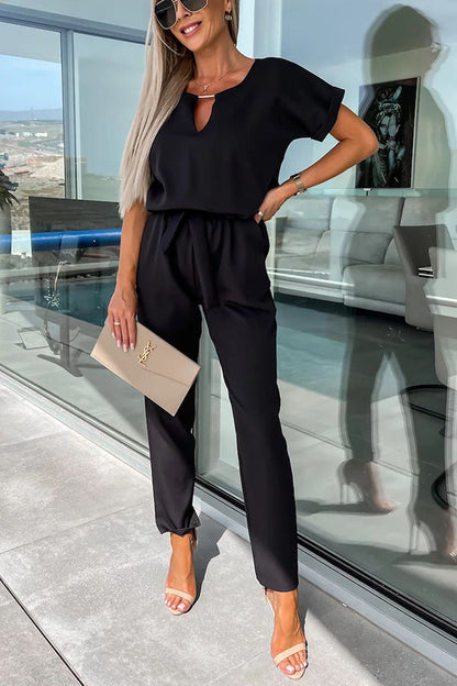 Metal Cutout Neck Belted Pocketed