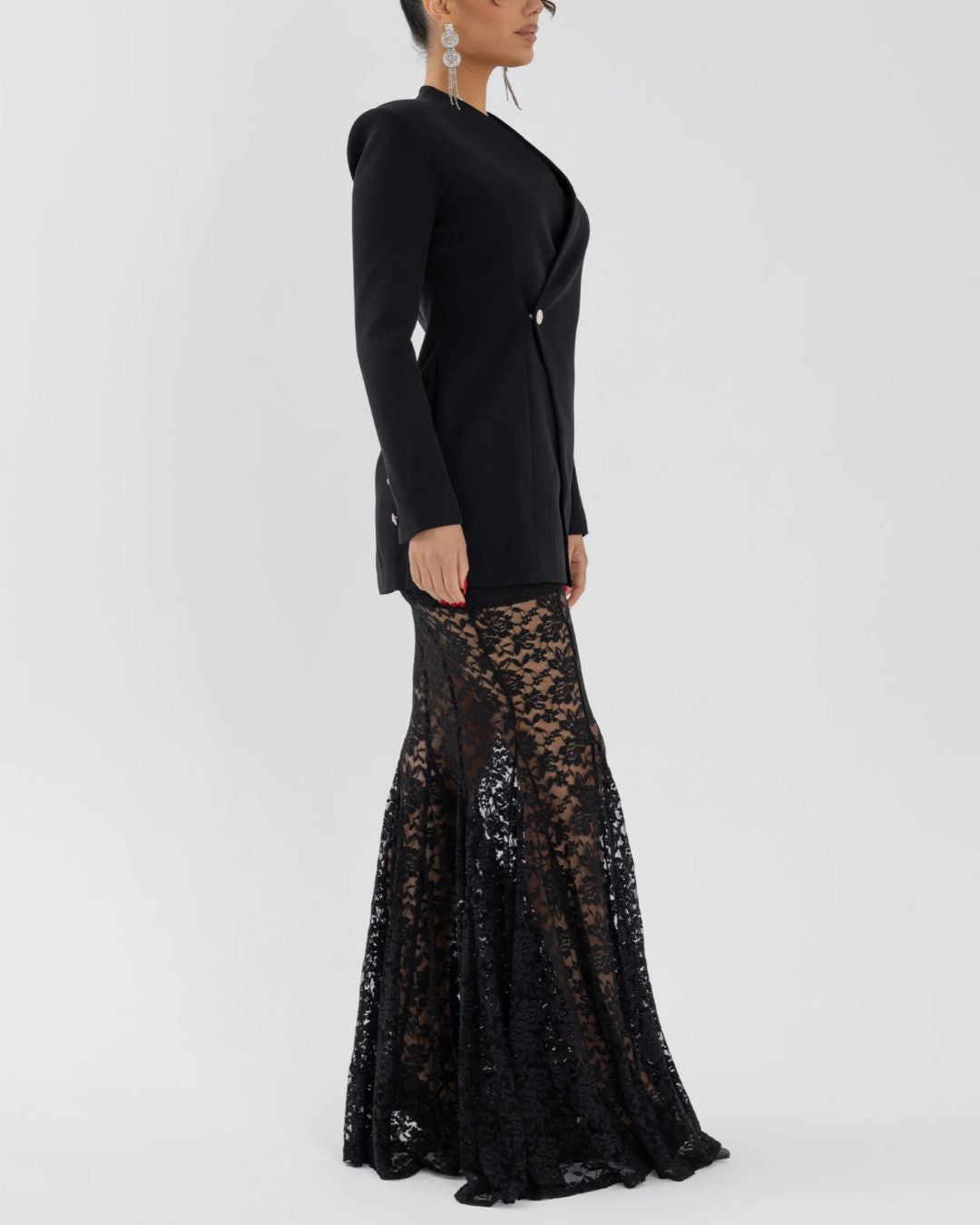 Black Blazer Top & Lace Mermaid Maxi Skirt Set
