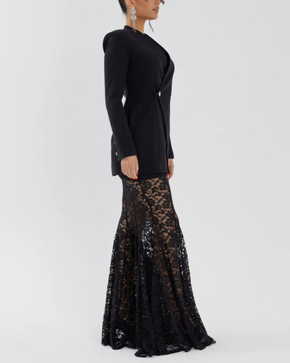 Black Blazer Top & Lace Mermaid Maxi Skirt Set