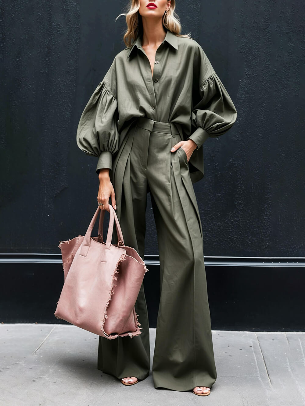 Fashionable Casual Solid Color Unique Pleated Pocket High Waist Wide Leg Pants