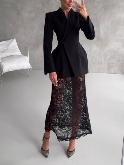 Elegant Asymmetrical Suit And Lace Skirt Two-Piece Set