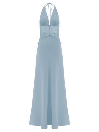 Elegant Lace-Panel V-Neck Lace-Up Satin Maxi Dress