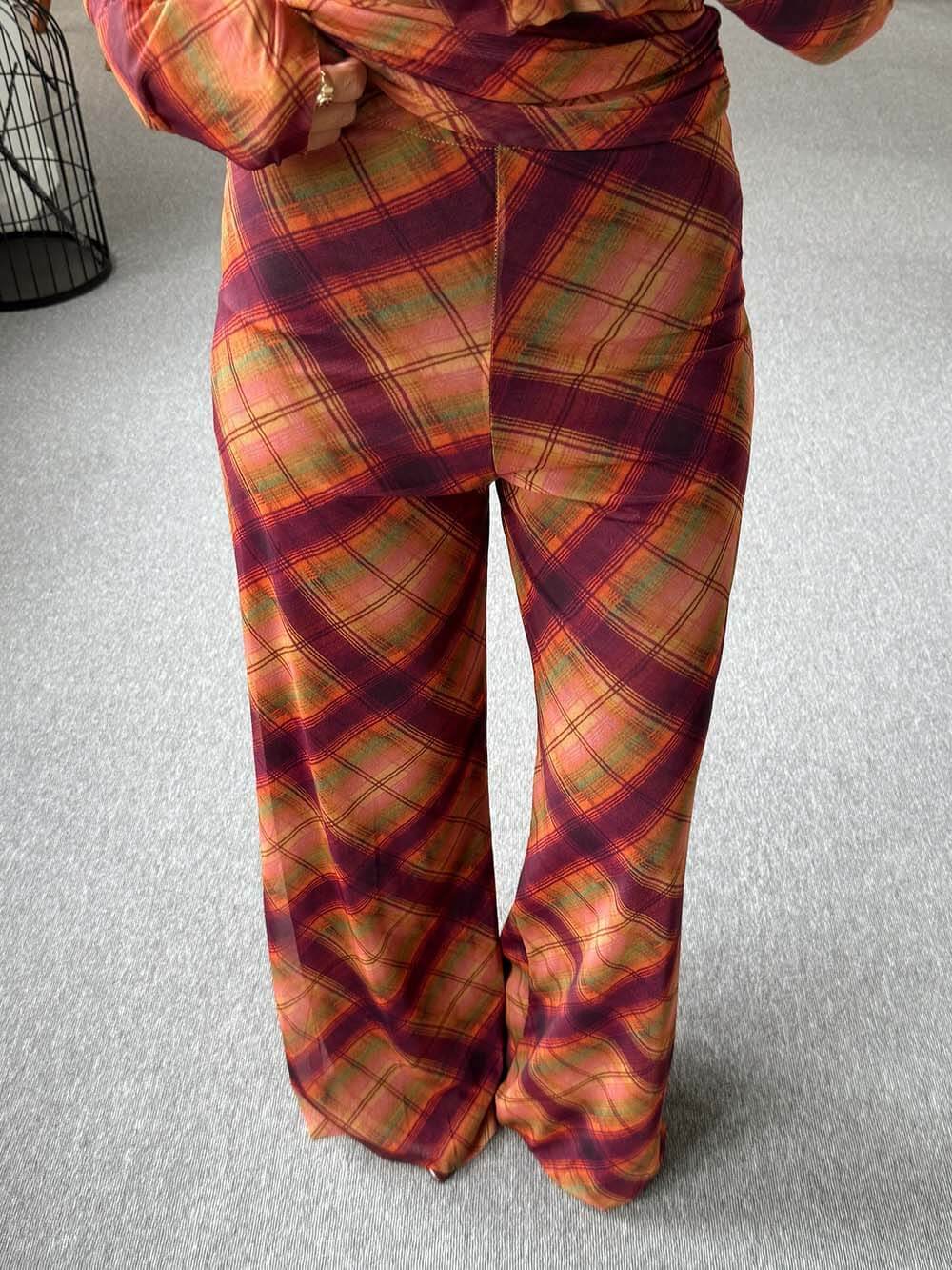 Unique Plaid Print Sheer High-Waist Straight Pants