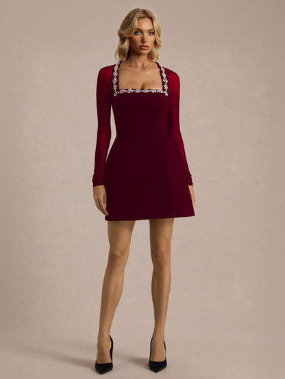 Elegant Crystal-embellished Mesh Sleeve Mini Dress