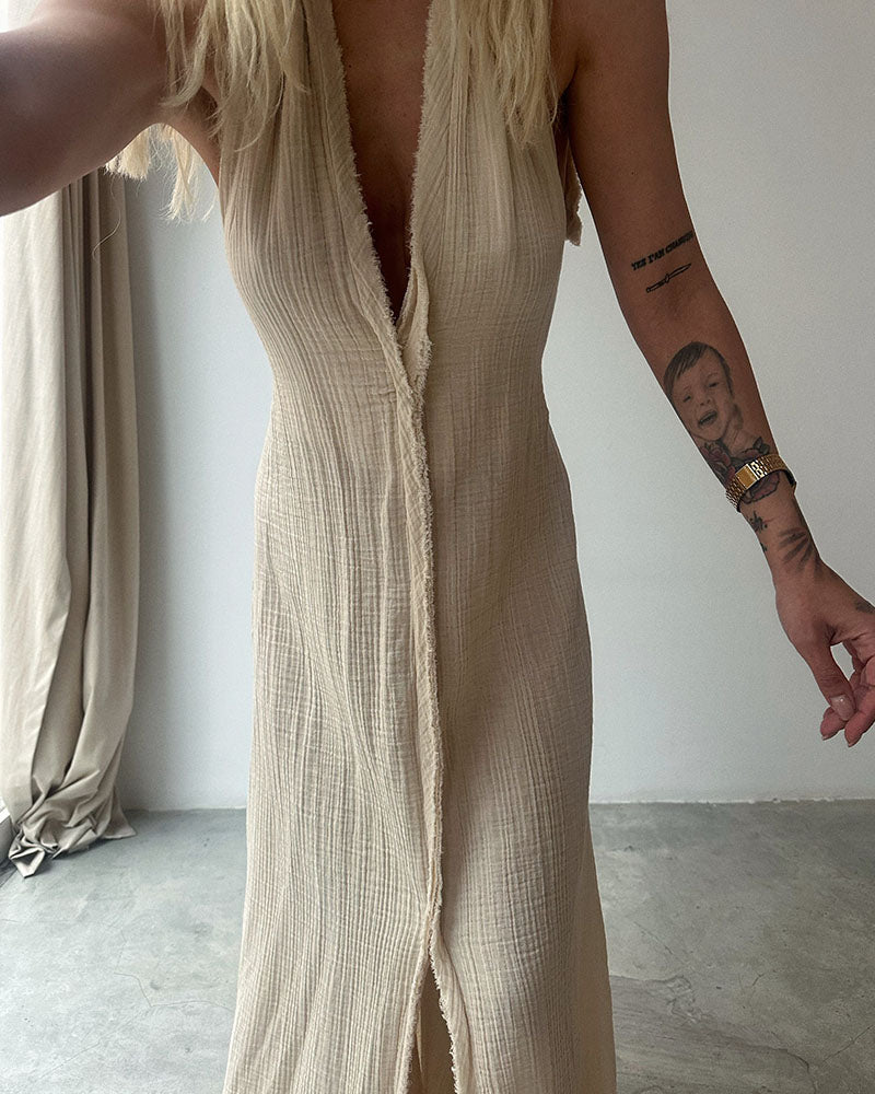 Elegant V-neck lace-up cotton and linen dress