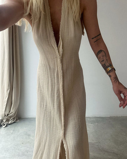 Elegant V-neck lace-up cotton and linen dress