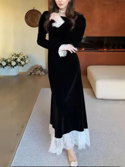 Elegant Velvet Lace Trim French Maxi Dress