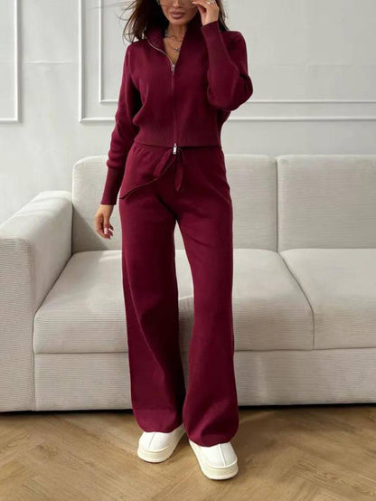 Casual Knitted Cardigan And Wide Leg Pants Suit