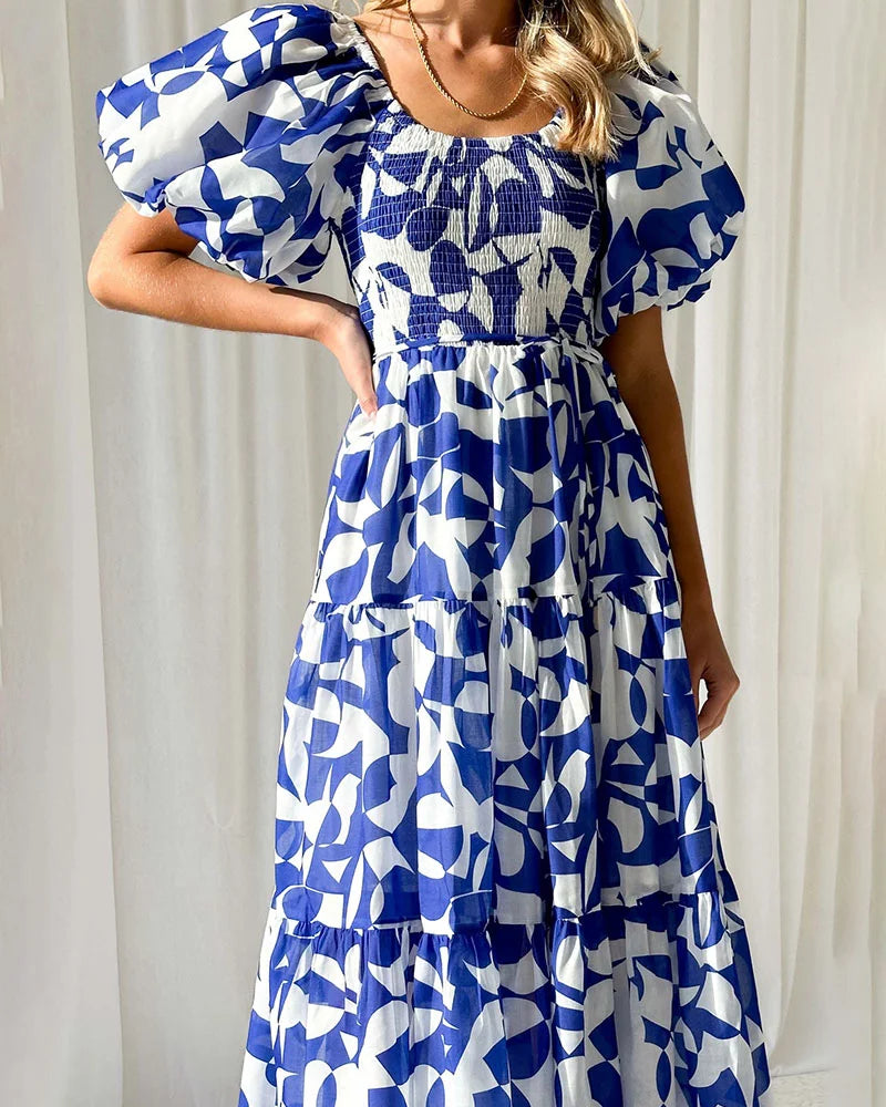 Elegant printed one-shoulder puff-sleeve dress