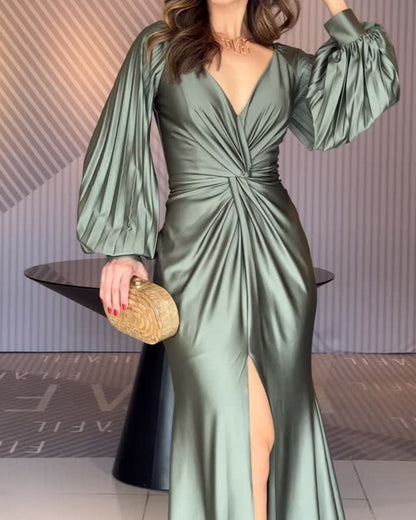 Solid V-Neck Ruched Waist High-Slit Maxi Dress