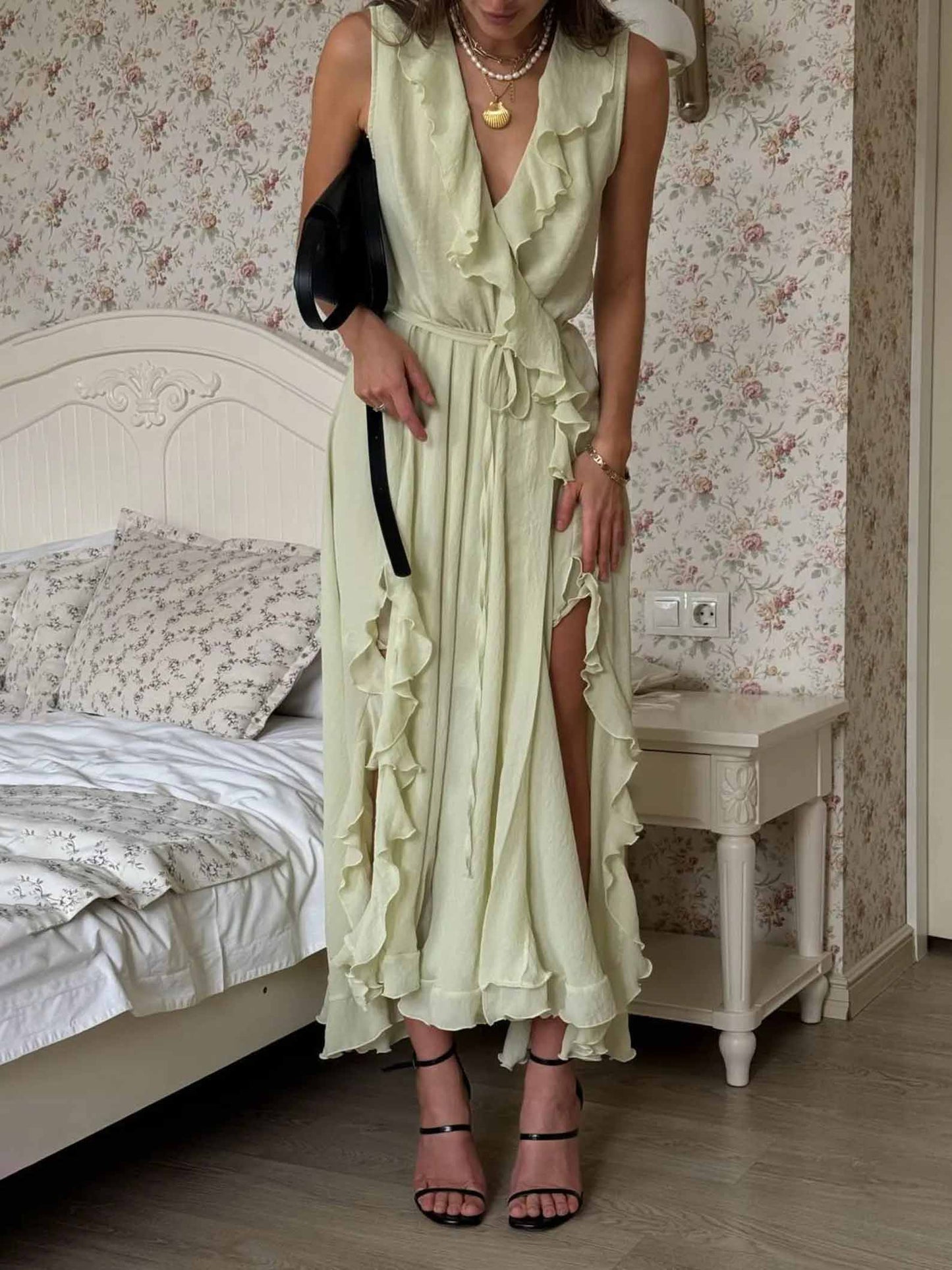 Elegant Ruffled V-Neck High-Slit Maxi Dress