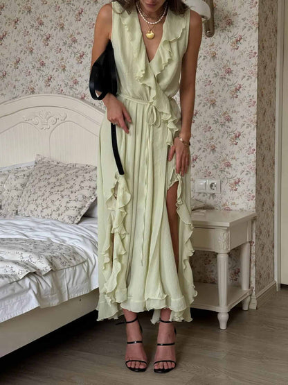 Elegant Ruffled V-Neck High-Slit Maxi Dress