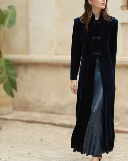 Vintage Velvet Frog Button Maxi Coat