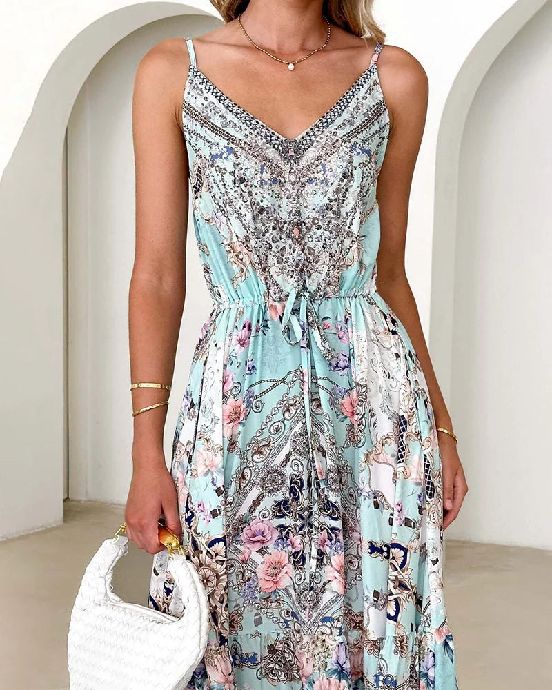 V-neck sexy printed suspender dress