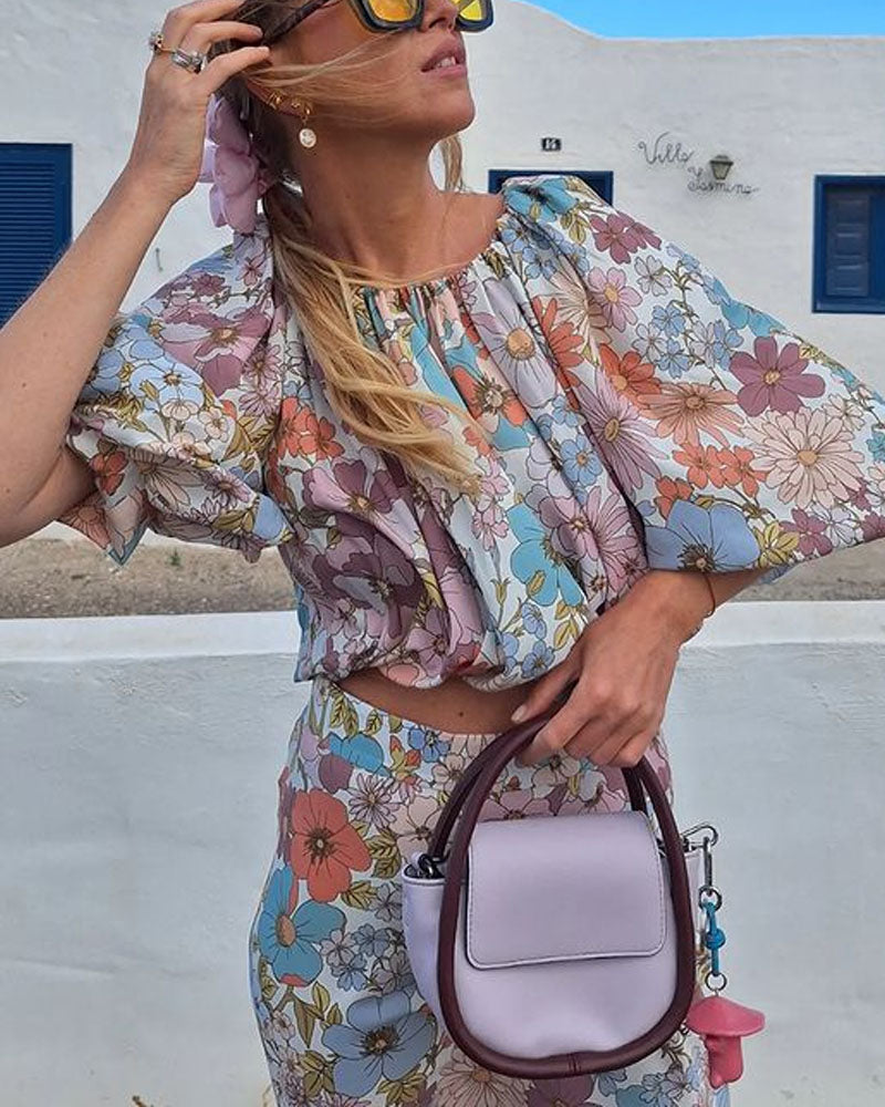 Holiday Floral Print Top & Skirt Two-Piece Set