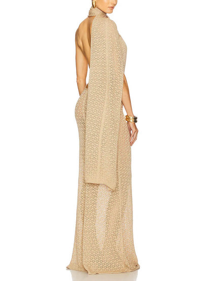 Exquisite Backless Mesh Wrap Scarf Detail Knit Maxi Dress