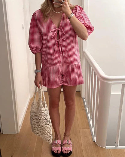 Women's lace-up plaid casual two-piece set