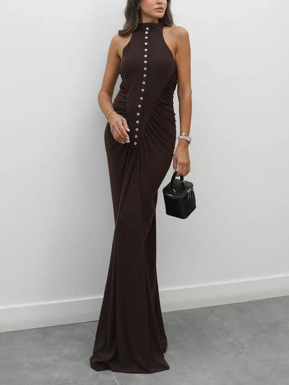 Elegant Multi-button Draped Fitted Maxi Dress