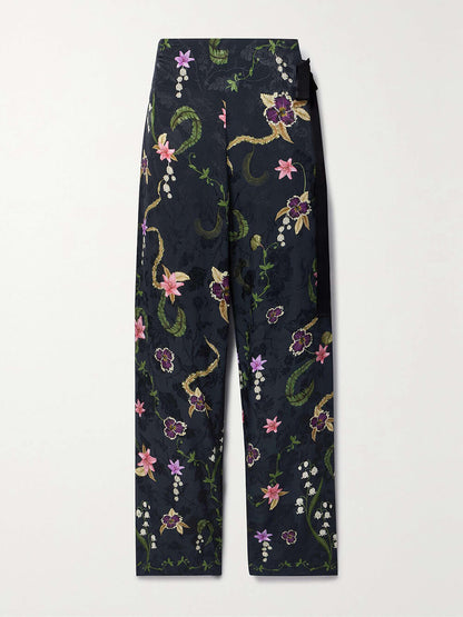 Elegant Floral Print Satin Straight-Leg Pants