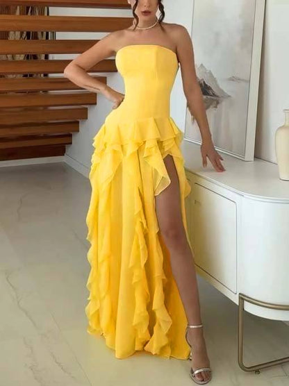 Tube Top Multi-layer Ruffled Side Slit Maxi Dress