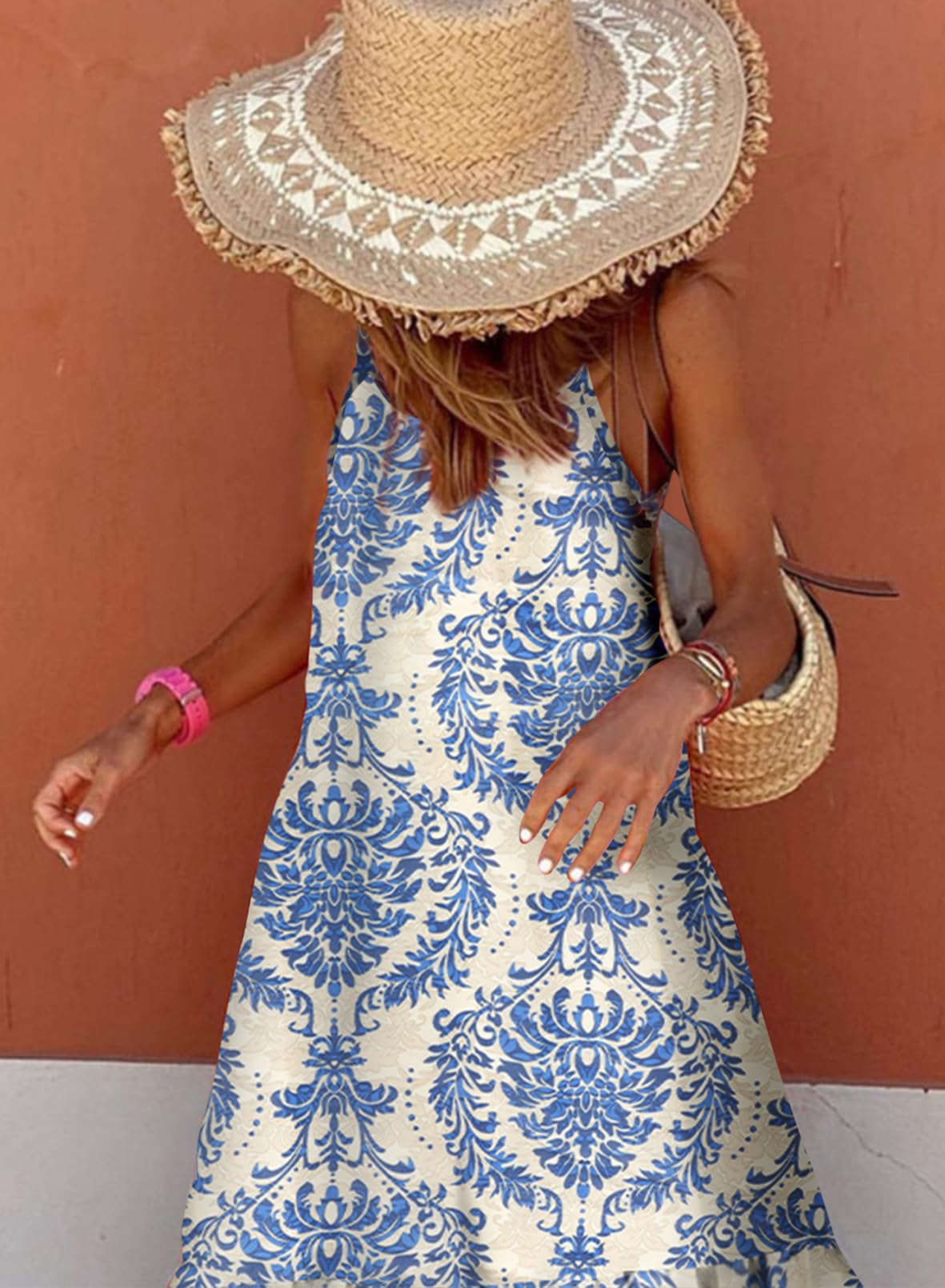 Spaghetti Strap Scoop Neck Smocked Ruffle Flowy Boho Maxi Dress