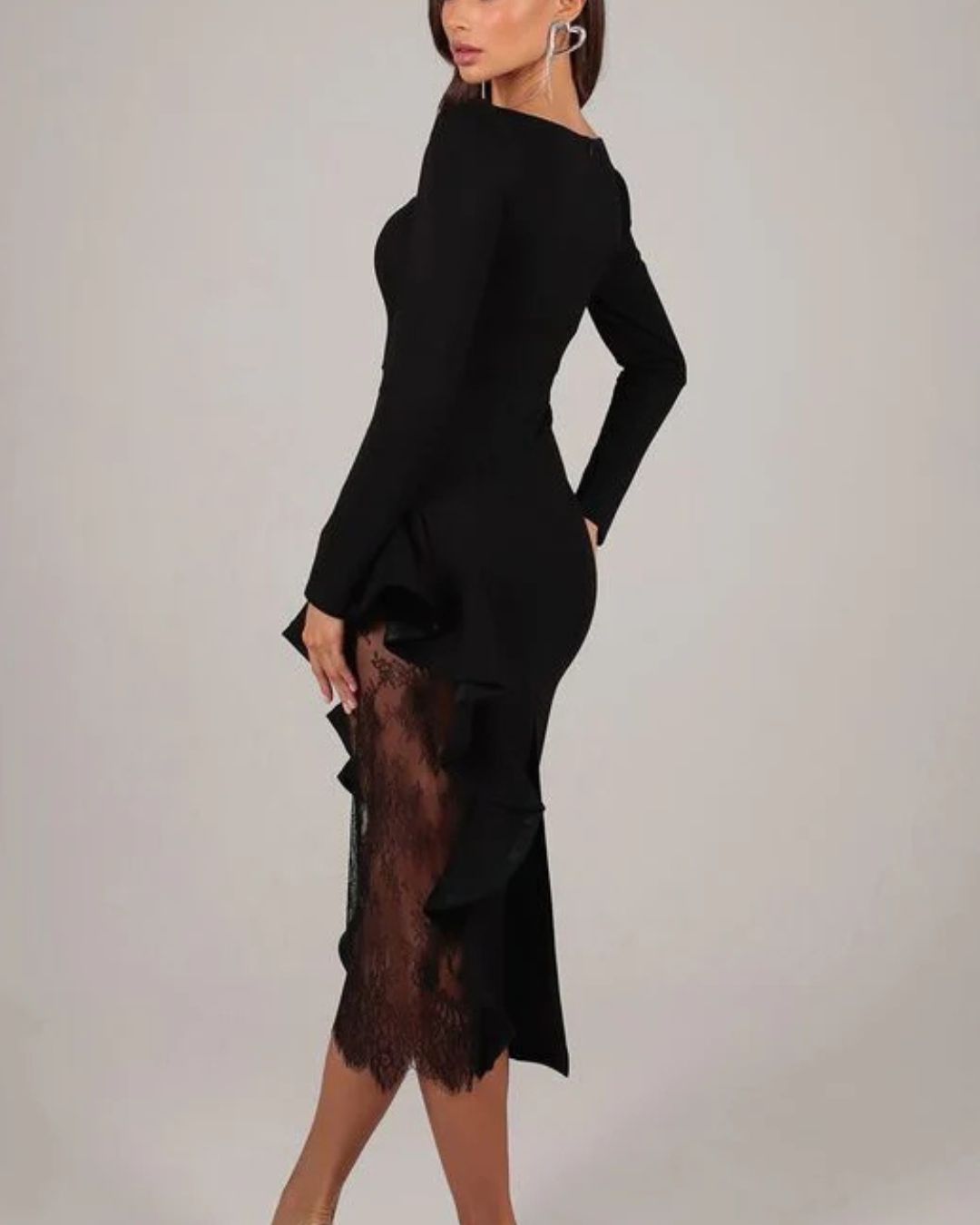 Elegant Square Neck Long Sleeve Ruffle Lace Mini Dress