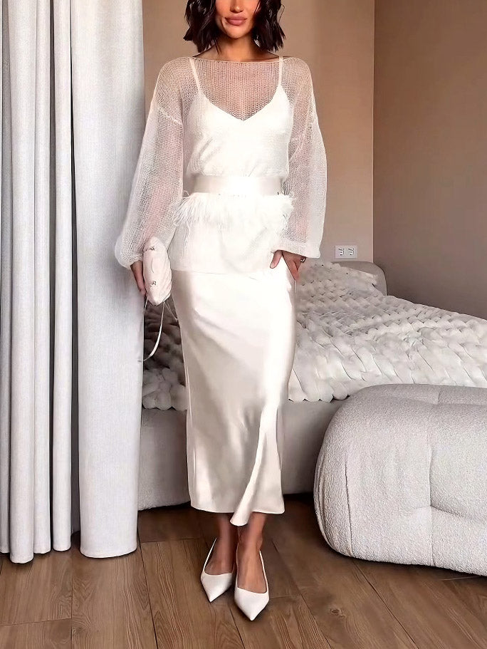 Elegant Openwork Knit Top And Satin Dress Two-piece Set