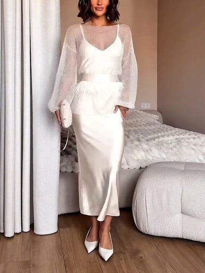 Elegant Openwork Knit Top And Satin Dress Two-piece Set