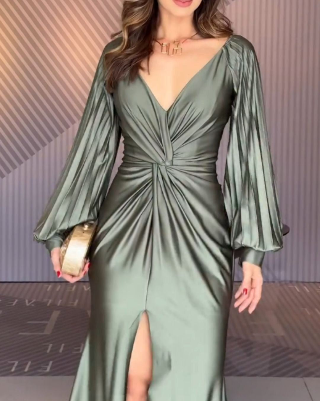 Solid V-Neck Ruched Waist High-Slit Maxi Dress