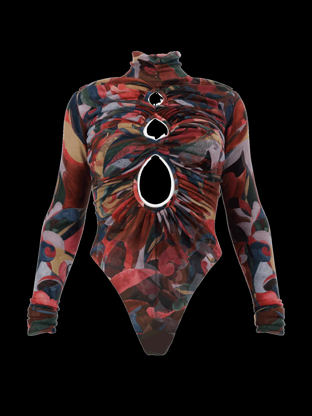 Elegant High-neck Cutout Abstract Print Bodysuit