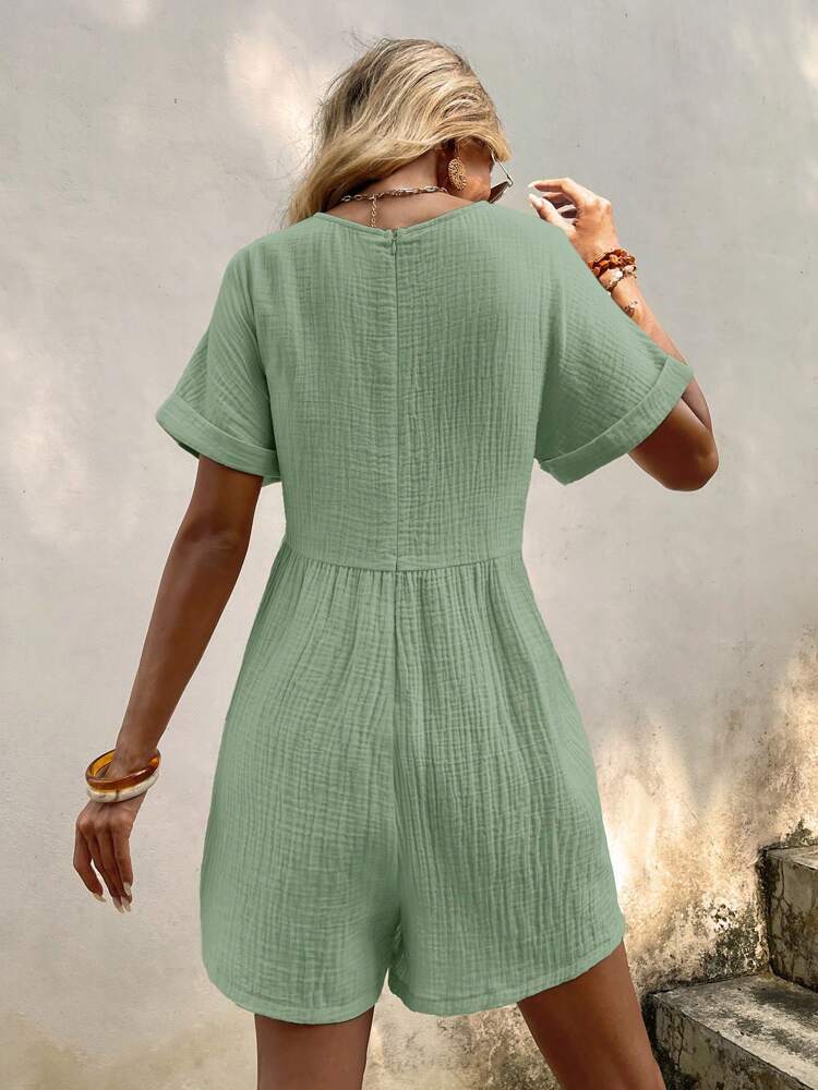 Fashion Solid Color V-neck Loose Bat Sleeve Zipper Short Sleeve Jumpsuit