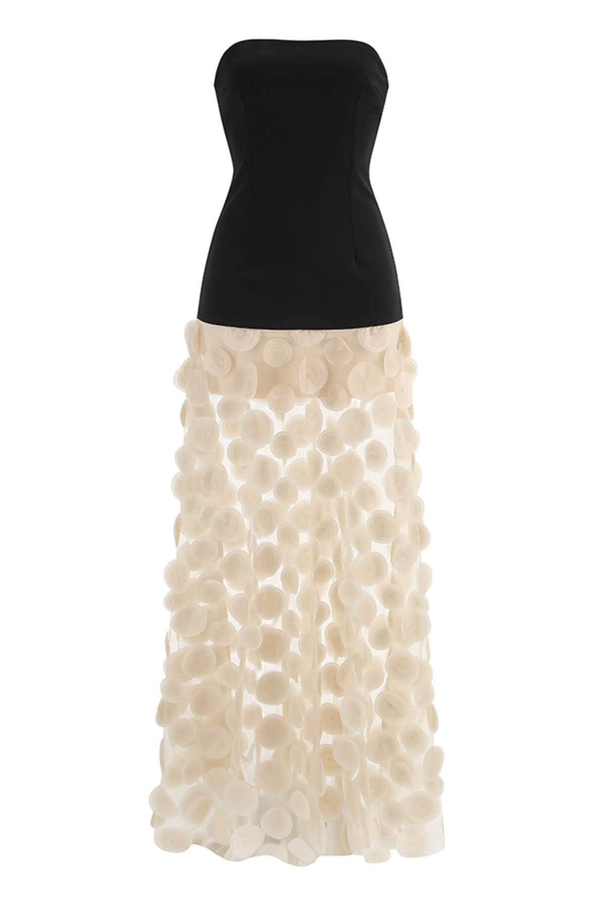 Elegant Strapless Top with Patchwork Polka Dot Mesh Maxi Dress