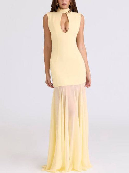 Hollow Design Tulle Splicing Maxi Dress