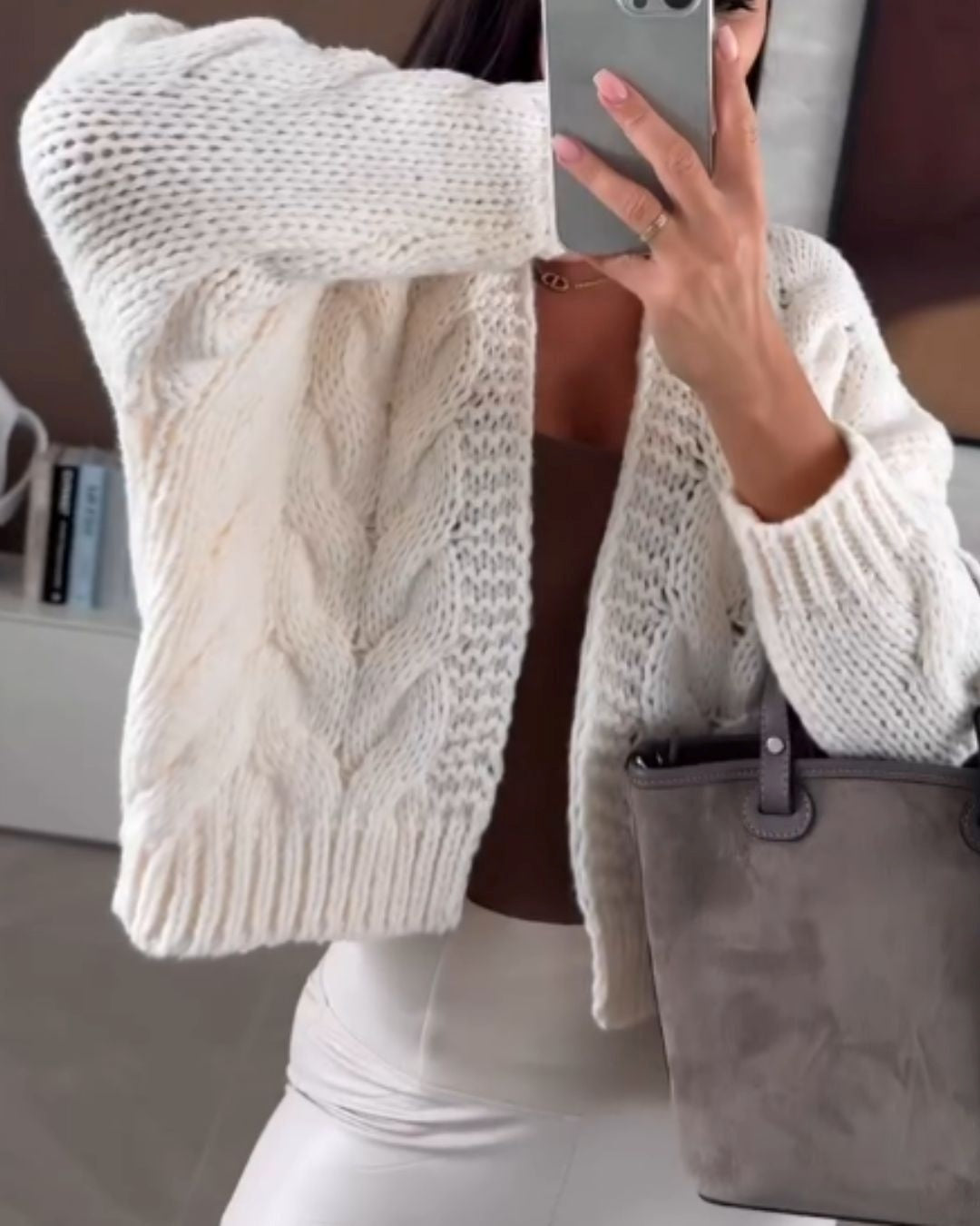 Chunky Cable Knit Cropped Cardigan Sweater