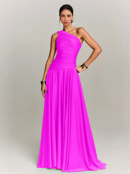 Elegant Draped One Shoulder Cocktail Maxi Dress