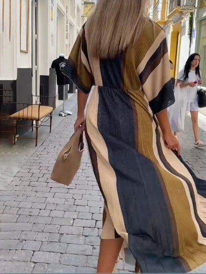 Elegant Irregular Stripe Print Pleated Maxi Dress