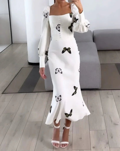 Elegant Square Neck Butterfly Print Fishtail Dress