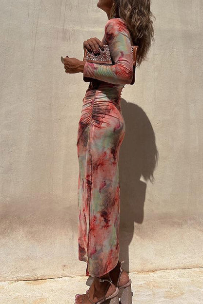 Mesh Overlay Tie Dye Print Long Sleeve Ruched Stretch Midi Dress