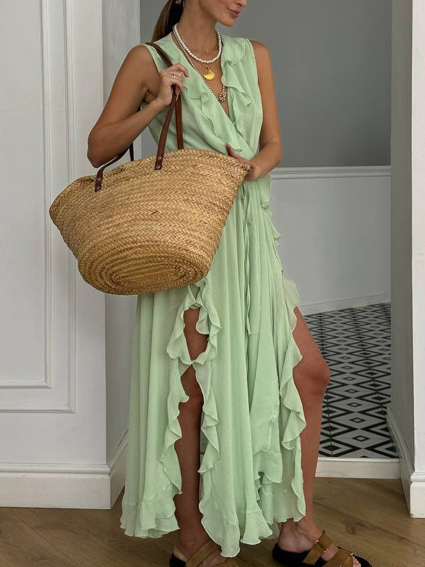 Elegant Ruffled V-Neck High-Slit Maxi Dress