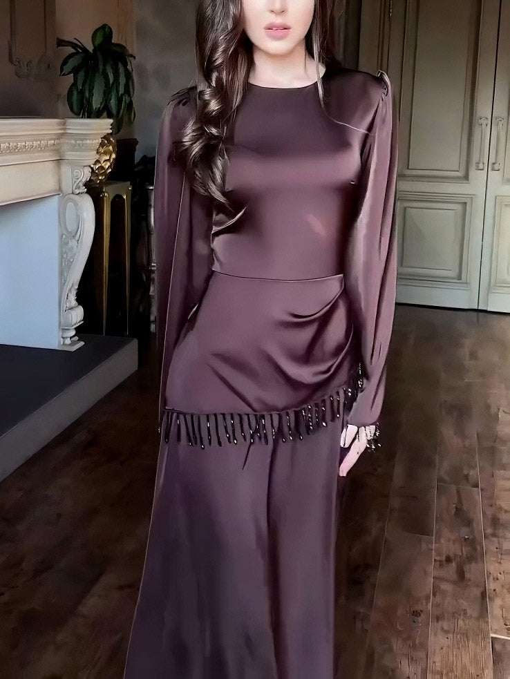 Elegant Satin Beaded Tassel Maxi Dress