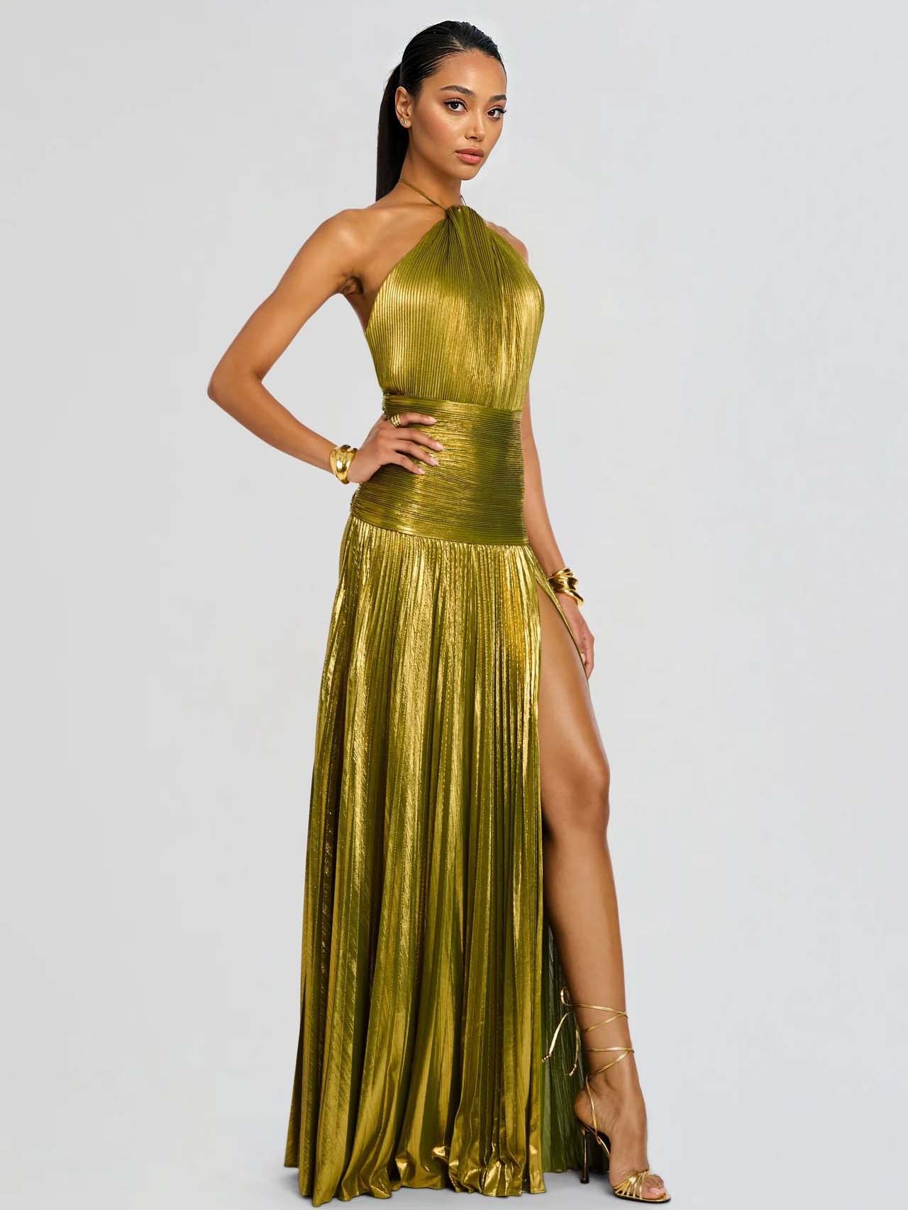 Elegant Metallic Pleated Halter Neck Maxi Dress