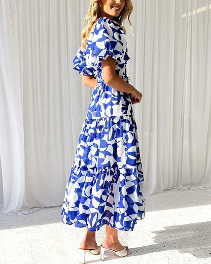 Elegant printed one-shoulder puff-sleeve dress